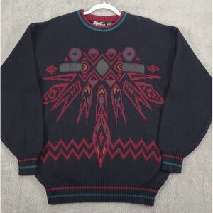 Vintage Mens Impact‎ Sweater Sz XL Black Aztec Tribal Leather Patch